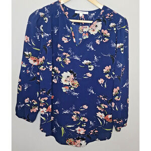 Fun2Fun Womens Floral Blouse~Size S~Navy 3/4 Sleeve Top~Stitch Fix NWOT